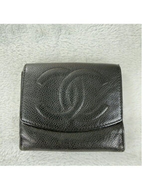 Chanel CC Logo Grained Calfskin Leather Bifold Black Wallet Embroidered